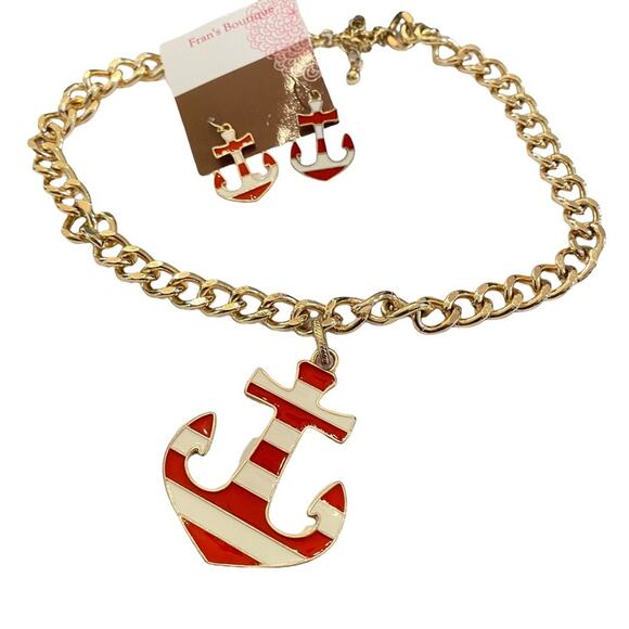 ANCHOR EARRINGS PENDANT & NECKLACE Nautical Set MATCHING Set Coastal Grandma - Picture 1 of 10